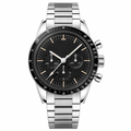 Chronograph watch with silver metal case and bracelet, black dial, and chronograph subdials