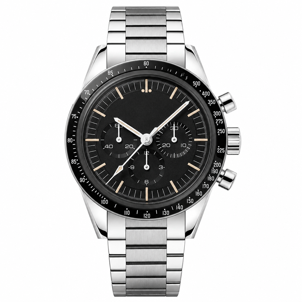 Chronograph watch with silver metal case and bracelet, black dial, and chronograph subdials