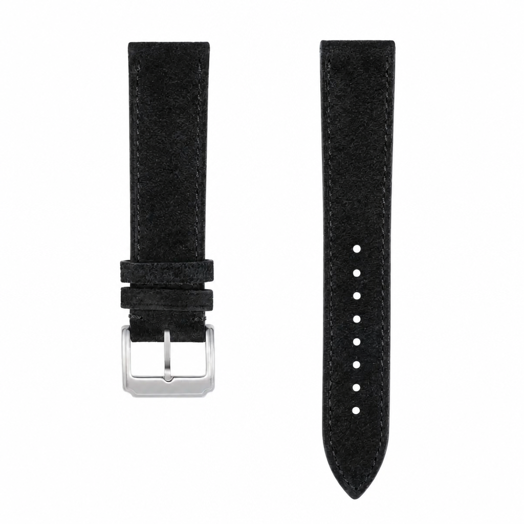 Black suede leather watch strap with silver buckle, 21mm width