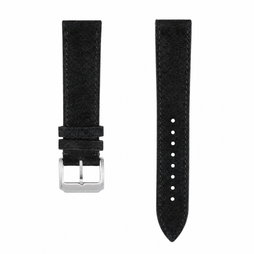 Black suede leather watch strap with silver buckle, 21mm width