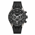 Sport watch with black skeleton dial, metallic gray case and black rubber strap