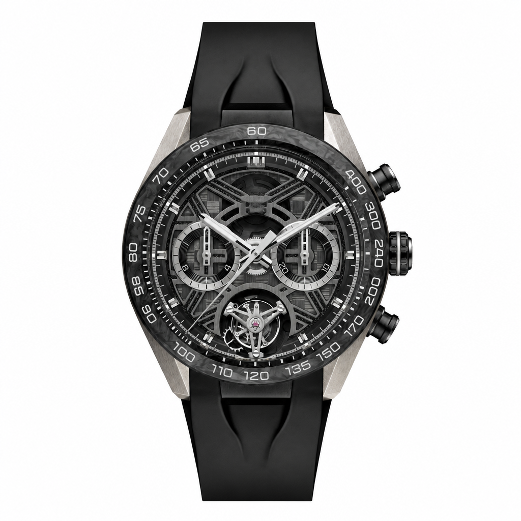 Sport watch with black skeleton dial, metallic gray case and black rubber strap