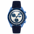 Blue chronograph watch with moonphase, blue case, and navy suede leather strap on white background