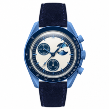 Relógio cronógrafo Blue Moonphase com pulseira de couro