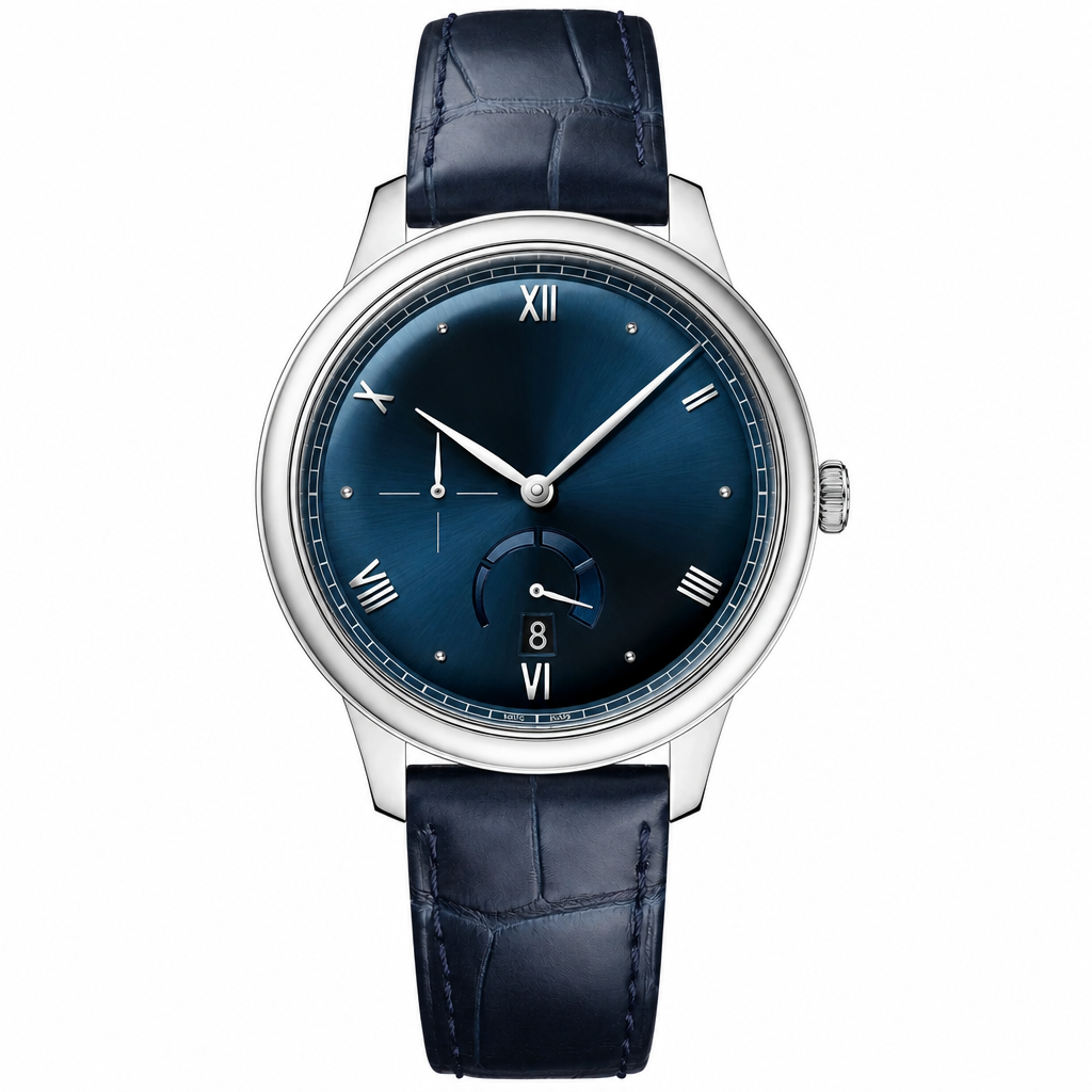 Dress watch with blue dial, silver case, and dark blue leather strap