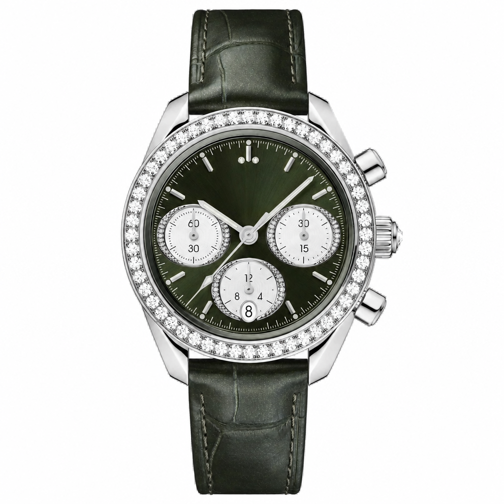 Dress chronograph watch with dark green dial and leather strap