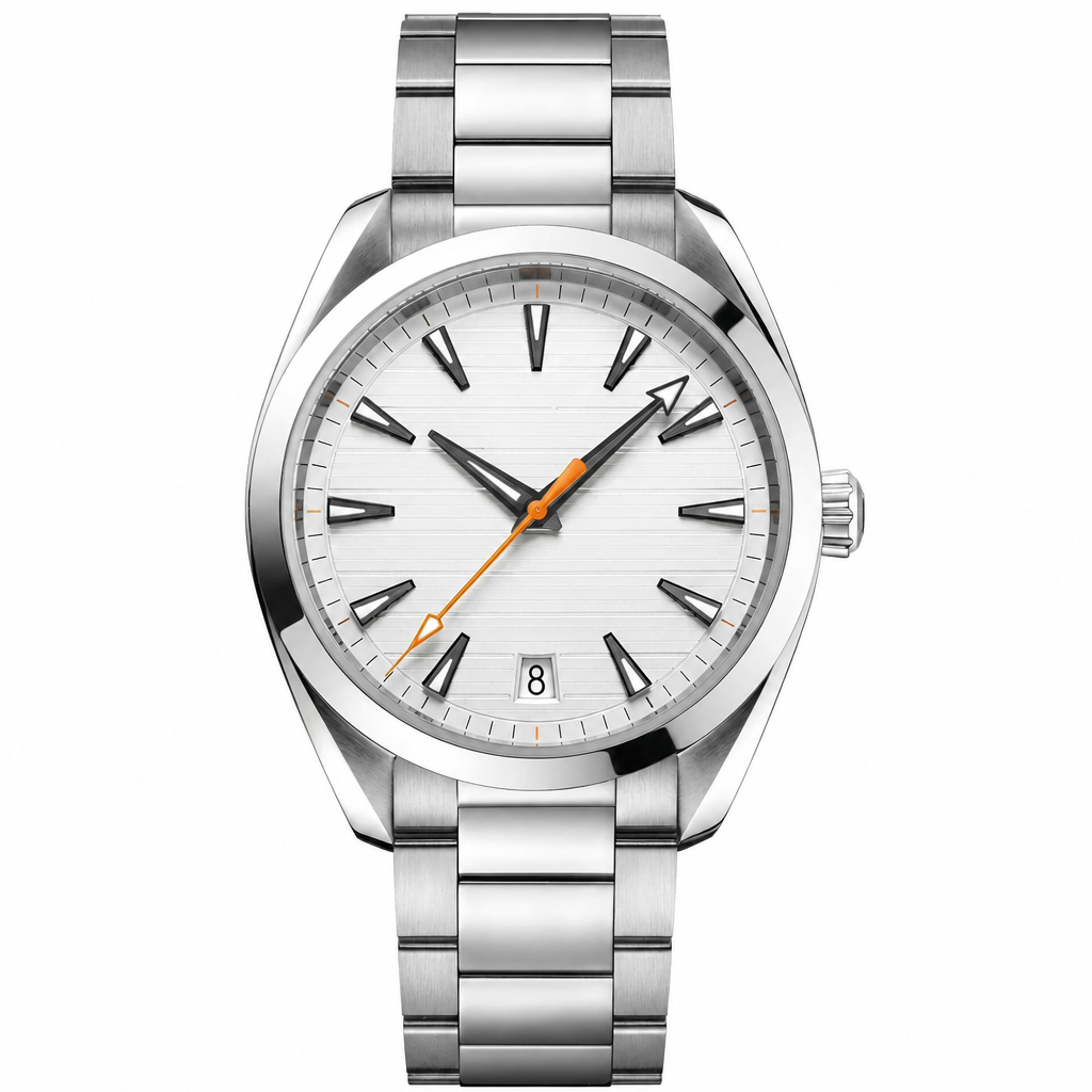 41mm watch with white dial and stainless steel bracelet, front view