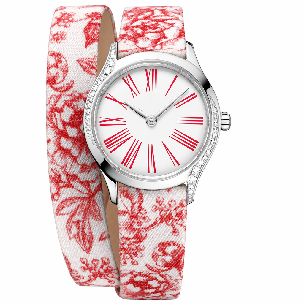 Women's dress watch with silver-tone case, white dial with red Roman numerals, and white fabric strap with red floral pattern