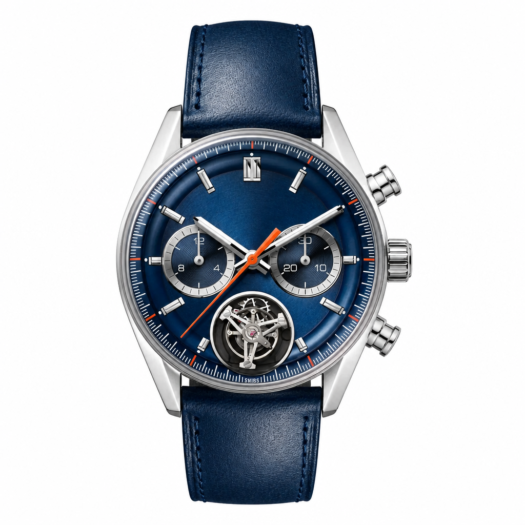 Racing chronograph watch with blue dial, blue leather strap, and silver metal case