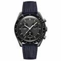Chronograph watch with black dial and black leather strap