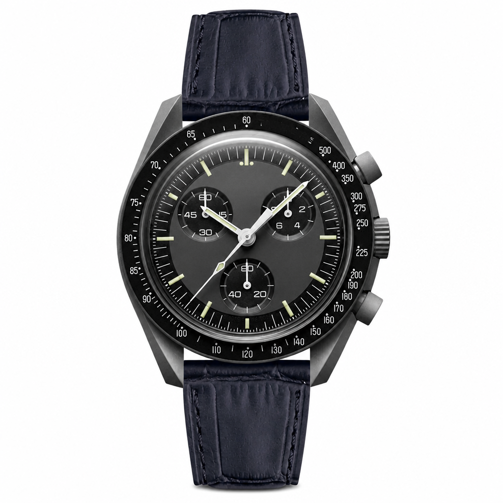 Chronograph watch with black dial and black leather strap