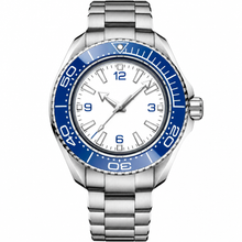 Relógio de mergulho esportivo com mostrador branco e luneta azul, 45,5 mm