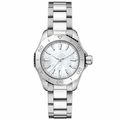 Silver metal watch with white pearlescent dial on white background