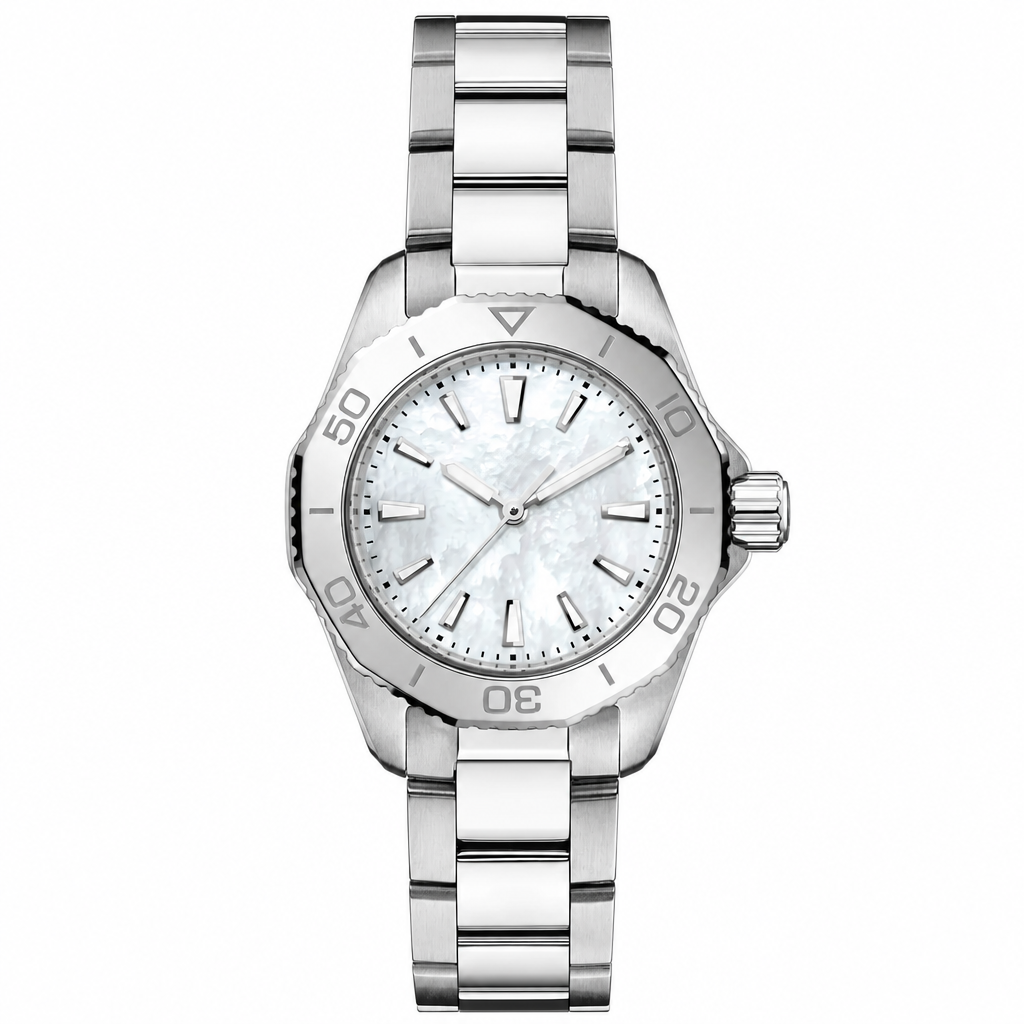 Silver metal watch with white pearlescent dial on white background