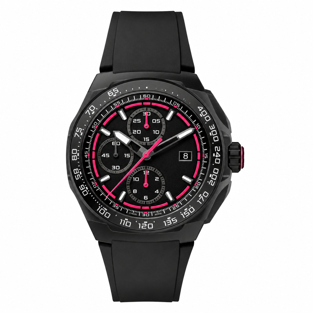 Sport chronograph watch with black dial, red accents, black coated case, and black silicone strap