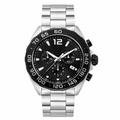 Men's sport chronograph watch with black dial and silver stainless steel bracelet on white background