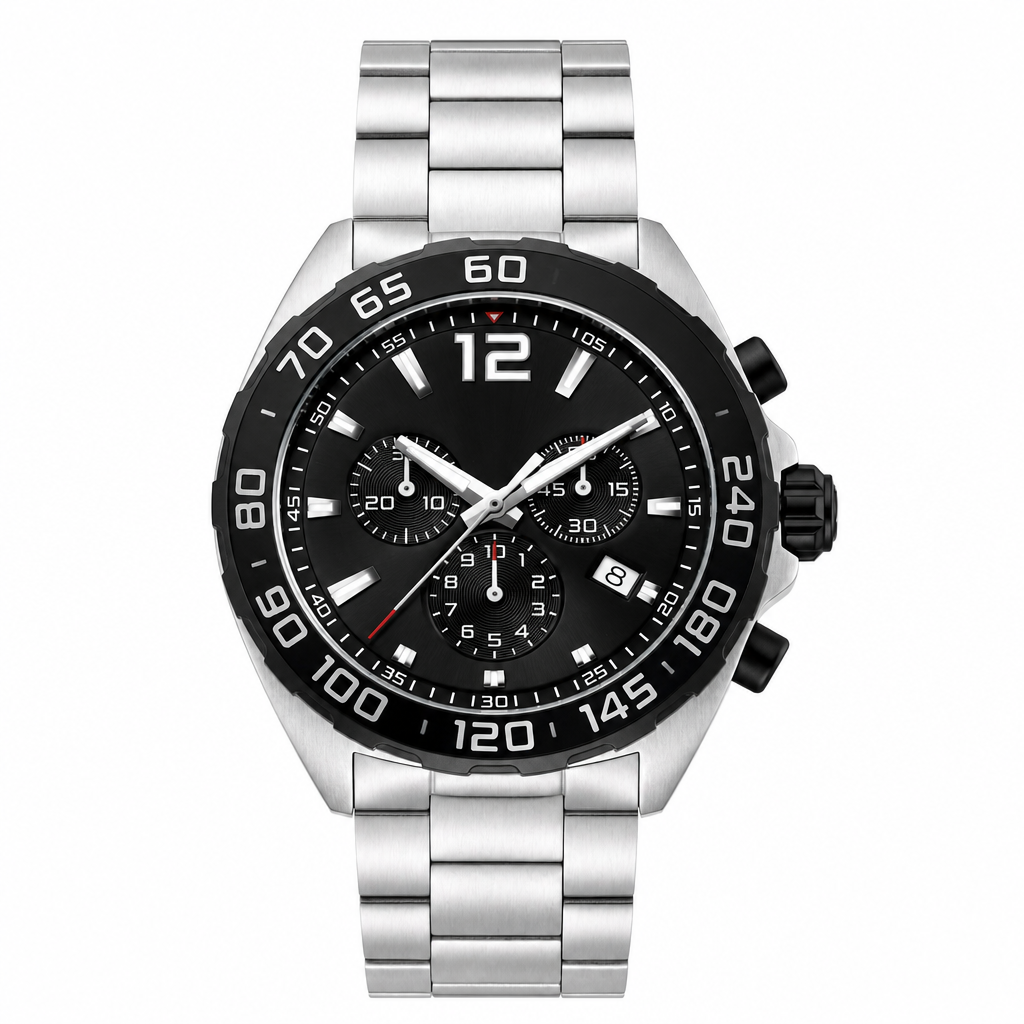 Men's sport chronograph watch with black dial and silver stainless steel bracelet on white background