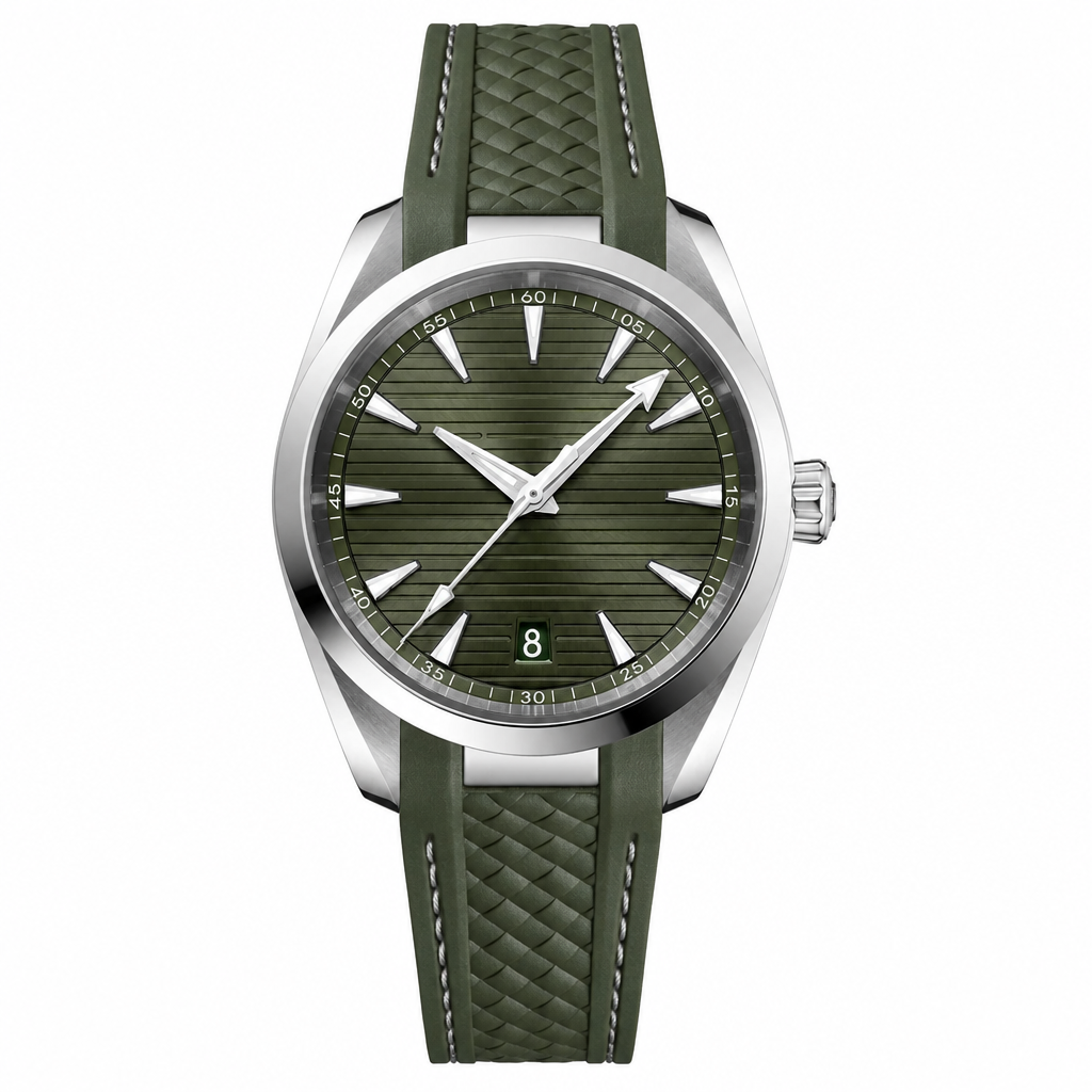 Casual watch with green dial and rubber strap, stainless steel case