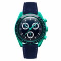 Chronograph watch with teal case and blue suede strap