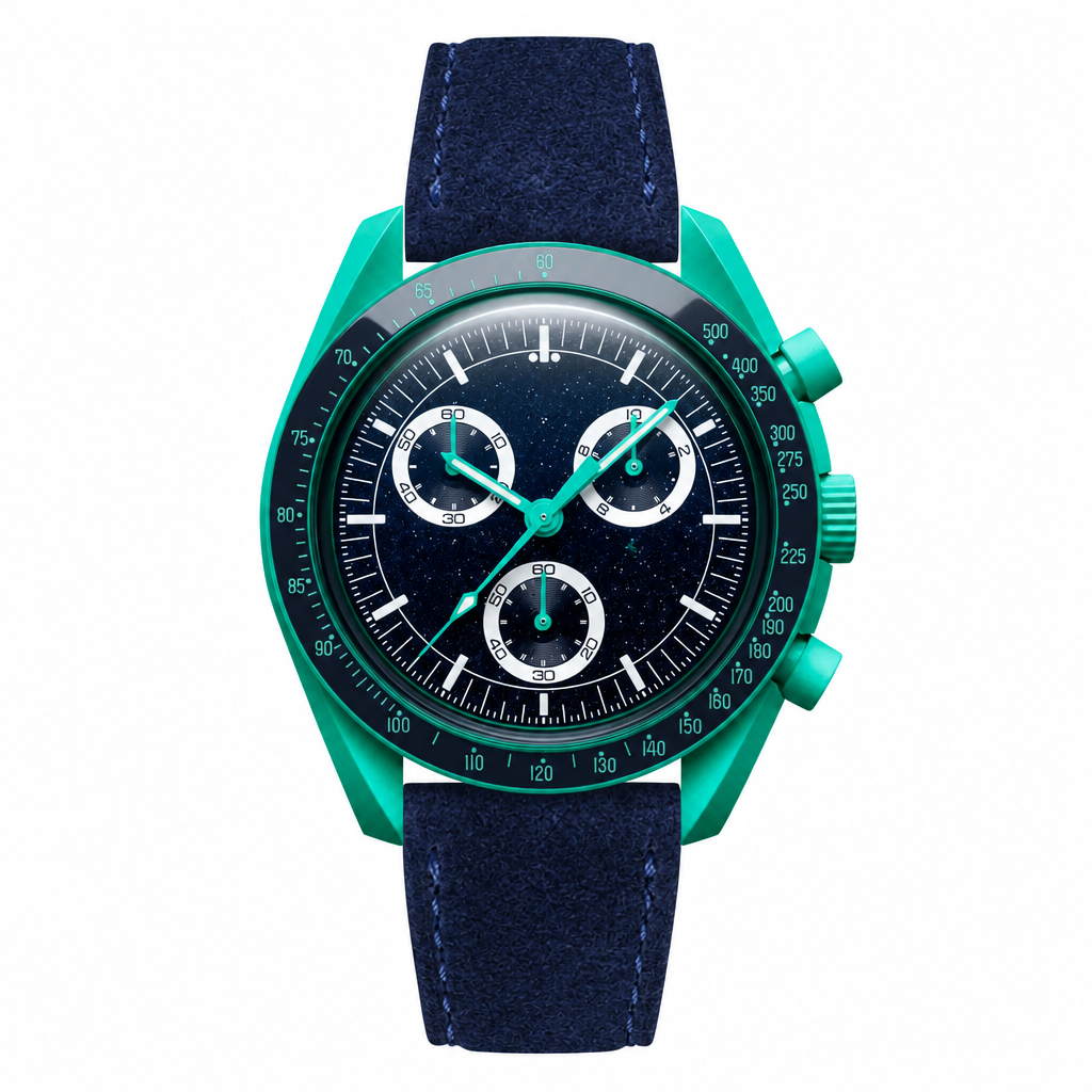 Chronograph watch with teal case and blue suede strap