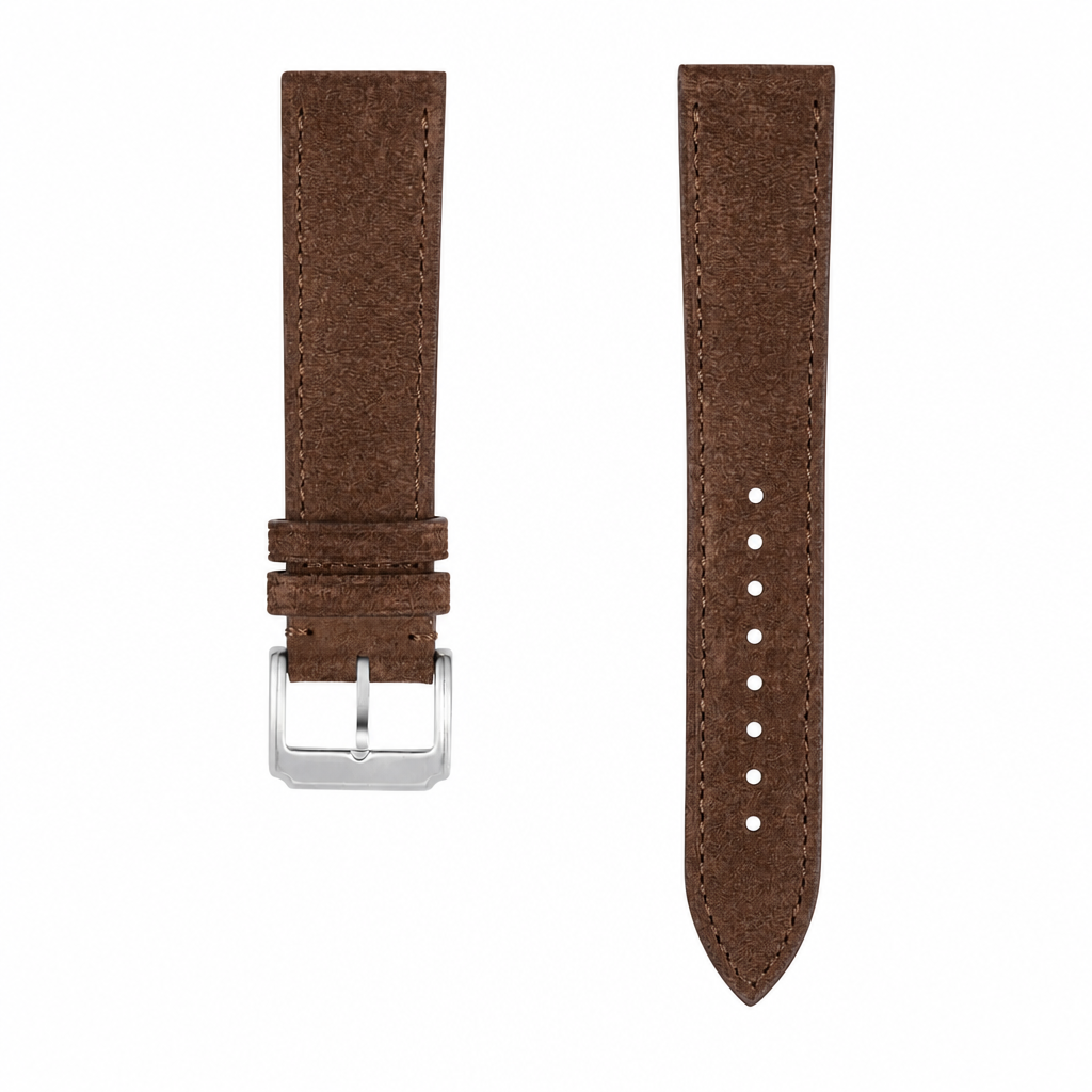 Brown suede leather watch strap with silver buckle, 21mm