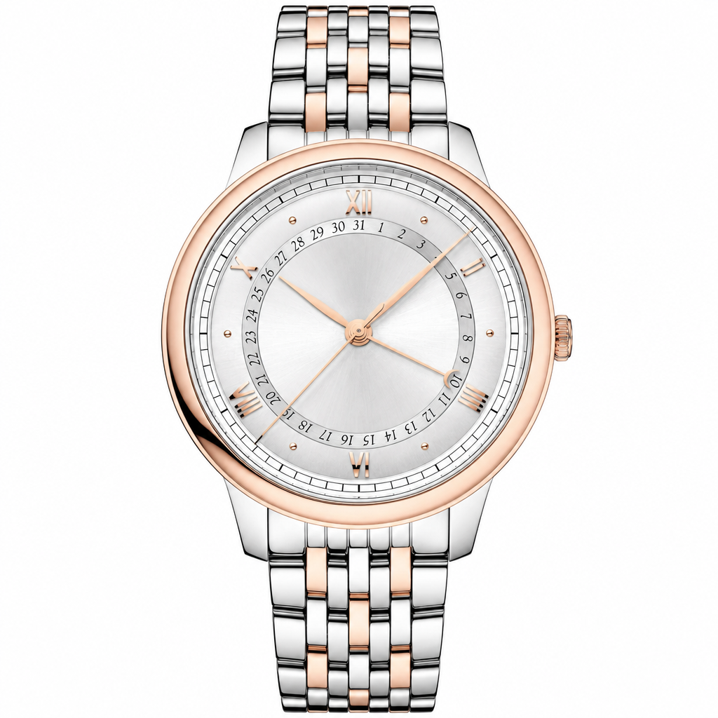 Two-tone metal dress watch with silver dial and rose gold accents, 40mm case