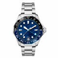 Stainless steel sport watch with blue dial and metal bracelet on white background
