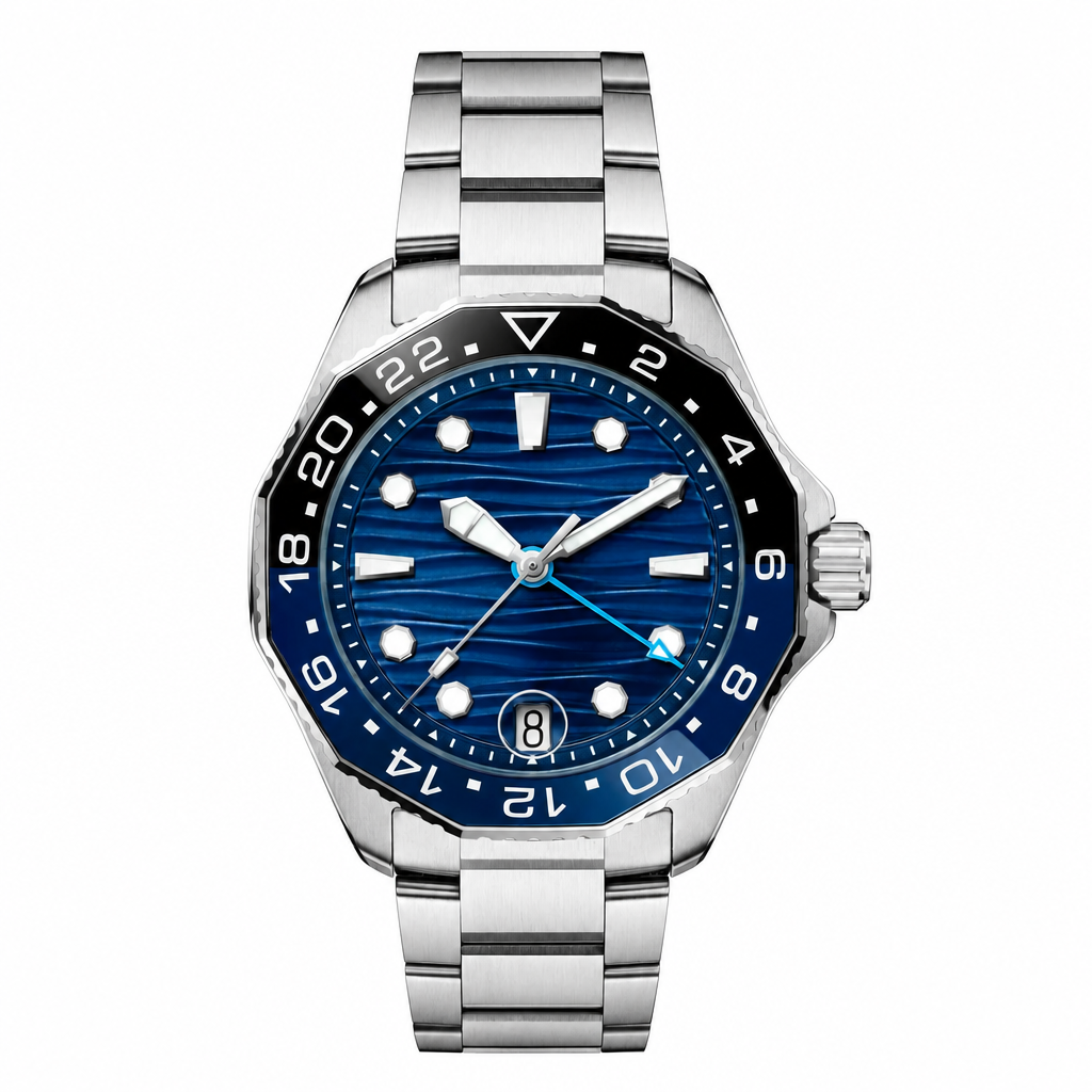 Stainless steel sport watch with blue dial and metal bracelet on white background