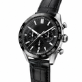 Sport chronograph wristwatch with black dial, silver case, and black leather strap
