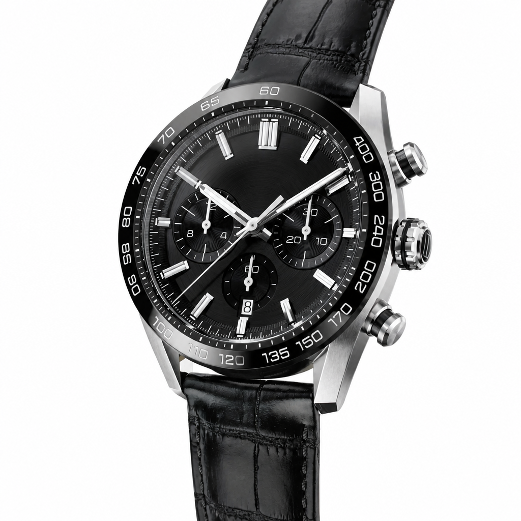 Sport chronograph wristwatch with black dial, silver case, and black leather strap