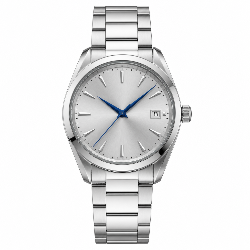 classic silver dial watch with blue hands and metal bracelet