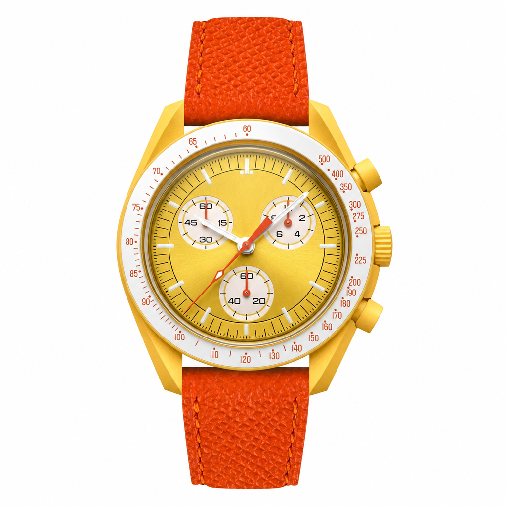 Chronograph watch with yellow dial, yellow case, white bezel, and orange leather strap on white background