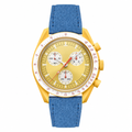 Yellow chronograph watch with blue suede-textured strap on white background