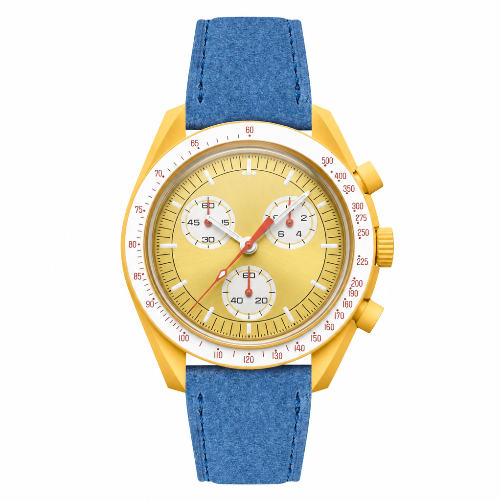 Yellow chronograph watch with blue suede-textured strap on white background