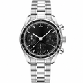 Chronograph watch with black dial, black bezel, and silver metal bracelet