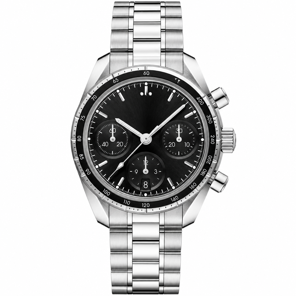 Chronograph watch with black dial, black bezel, and silver metal bracelet