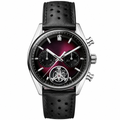 Chronograph watch with dark red dial and black leather strap on white background