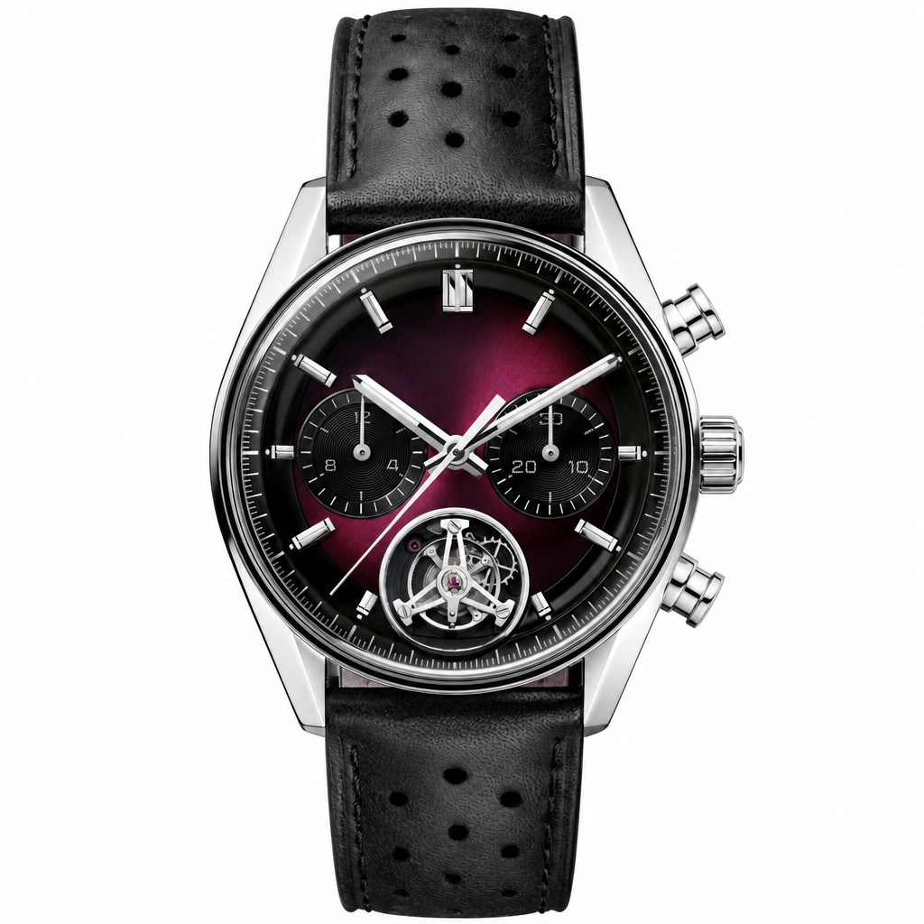 Chronograph watch with dark red dial and black leather strap on white background