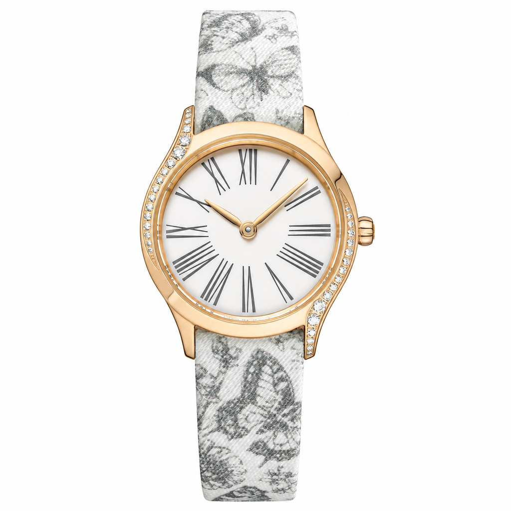 Women's dress watch with gold-tone case, white dial with Roman numerals, and floral fabric strap