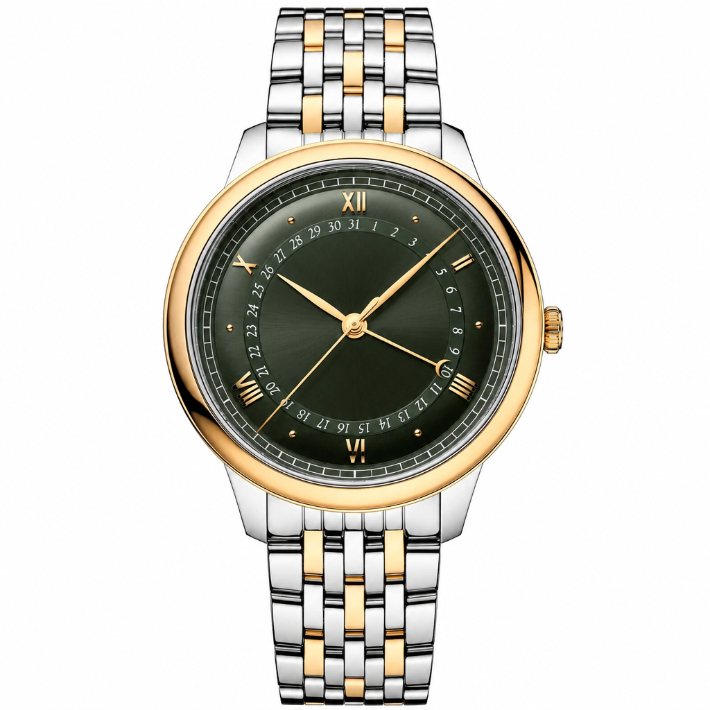 Two-tone metal dress watch with dark green dial and Roman numerals on white background