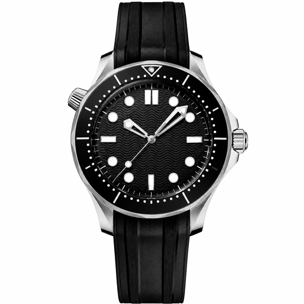 42mm diver style watch with black dial and black rubber strap