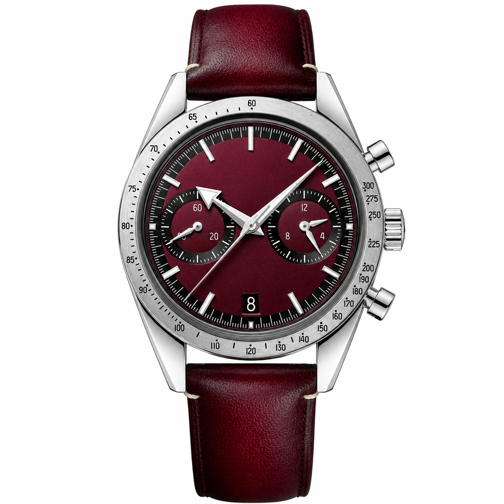 Chronograph watch with burgundy dial and leather strap, 41mm case size