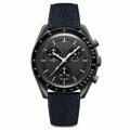 Chronograph watch with black dial and textured black leather strap on white background