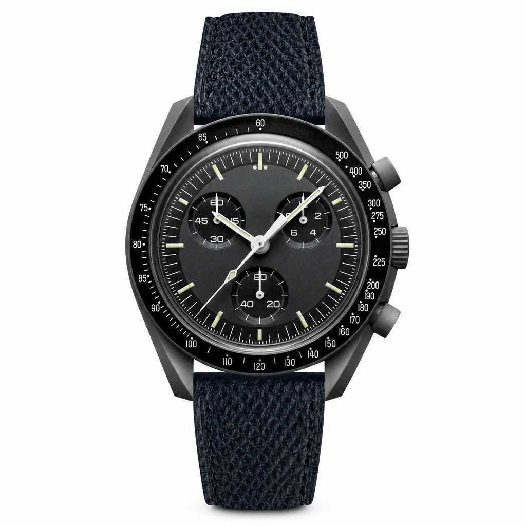 Chronograph watch with black dial and textured black leather strap on white background