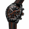 Black and orange sport chronograph watch with textile strap and black metal case