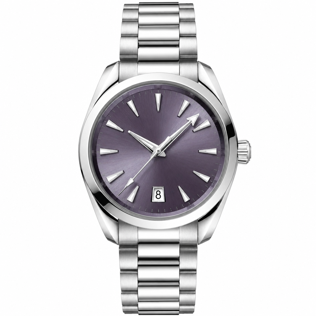 Casual dress watch with purple dial and stainless steel bracelet, 38mm case