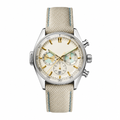 Chronograph watch with cream dial, beige fabric strap, and silver-tone case