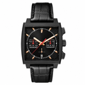 Chronograph watch with black ceramic square case and black textured leather strap