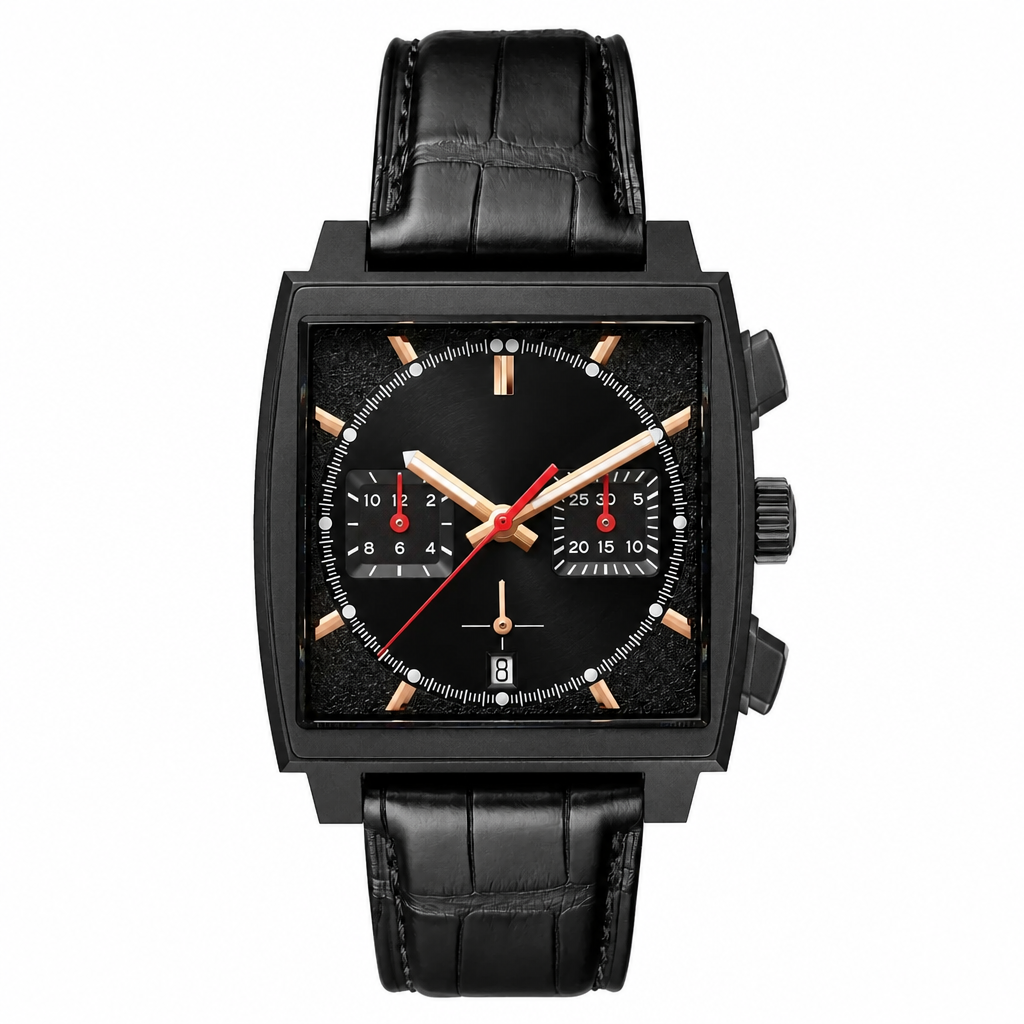 Chronograph watch with black ceramic square case and black textured leather strap