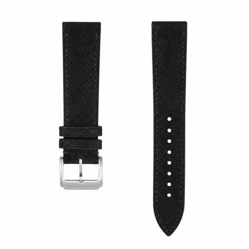 Black suede leather watch strap with silver buckle, 21mm lug width